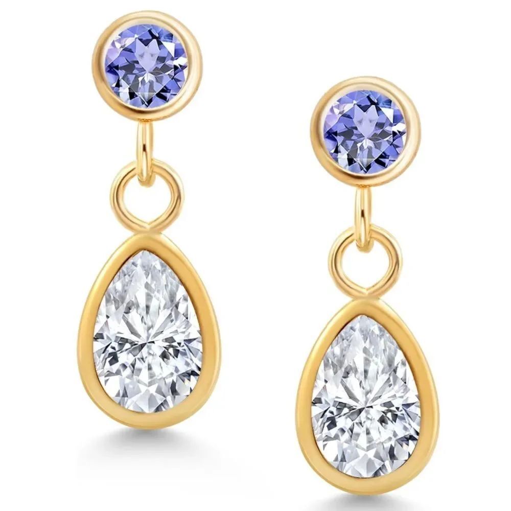 14K Yellow Gold with 1.10 Cttw White Moissanite and Blue Tanzanite Post Earrings